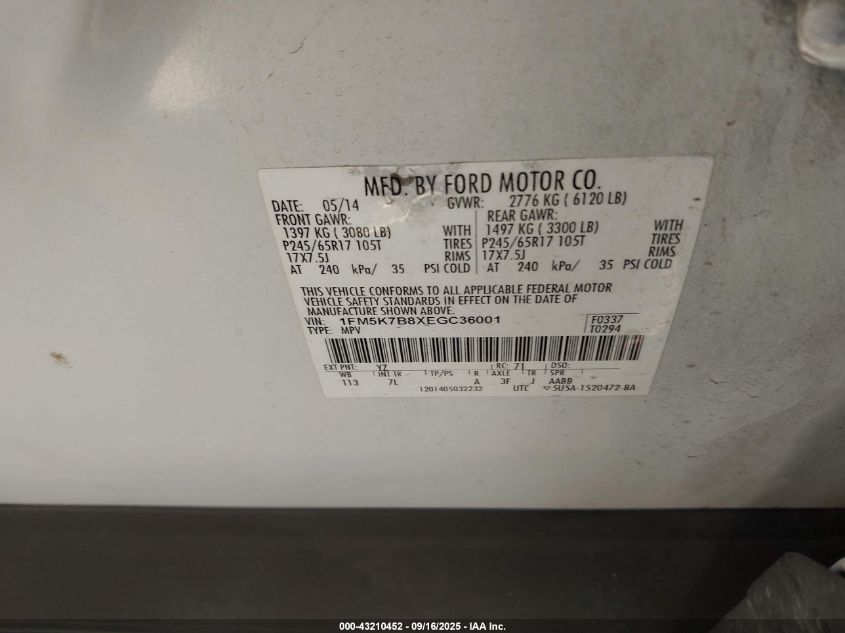 2014 Ford Explorer VIN: 1FM5K7B8XEGC36001 Lot: 43210452