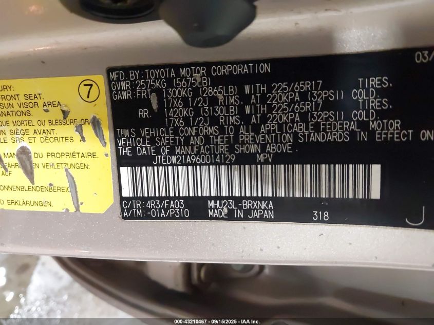 2006 Toyota Highlander Hybrid V6 VIN: JTEDW21A960014129 Lot: 43210467