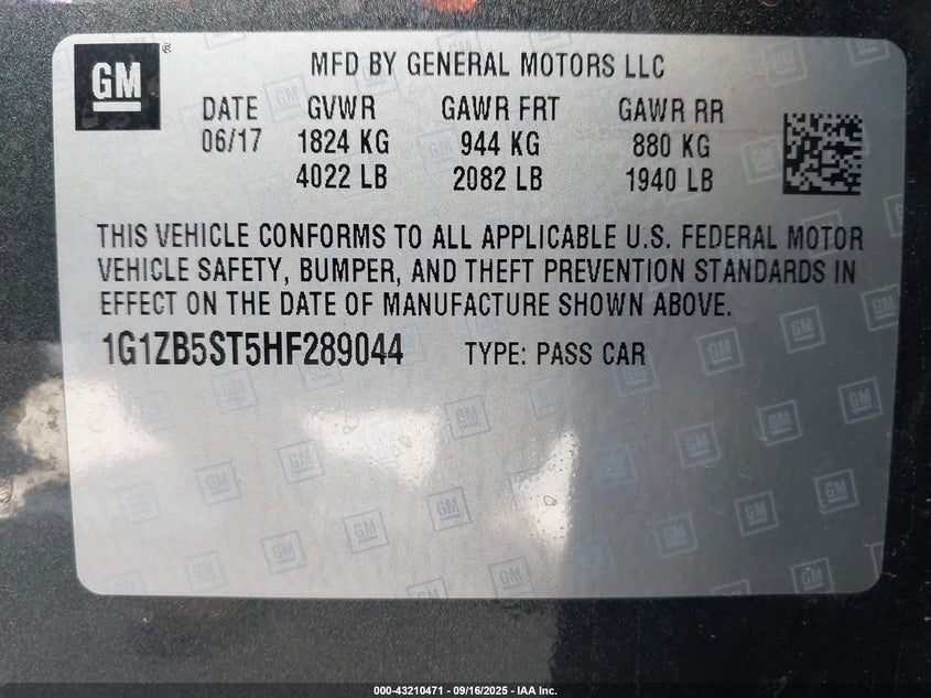 2017 Chevrolet Malibu Ls VIN: 1G1ZB5ST5HF289044 Lot: 43210471