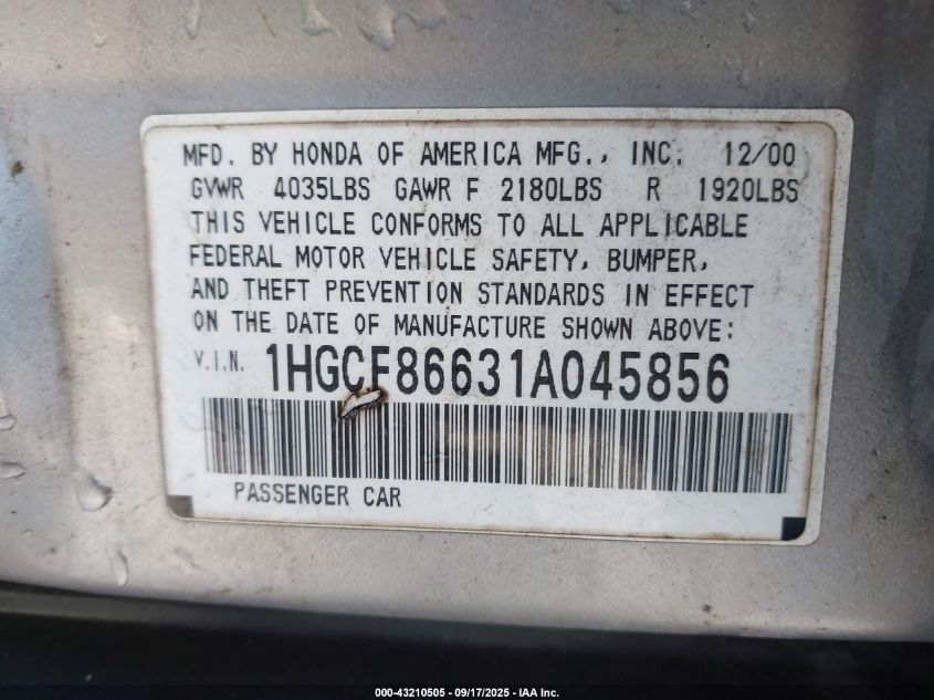 2001 Honda Accord Value Package VIN: 1HGCF86631A045856 Lot: 43210505
