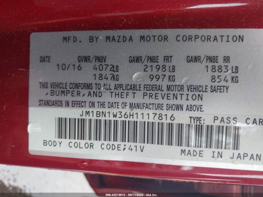 2017 Mazda Mazda3 Grand Touring VIN: JM1BN1W36H1117816 Lot: 43210513