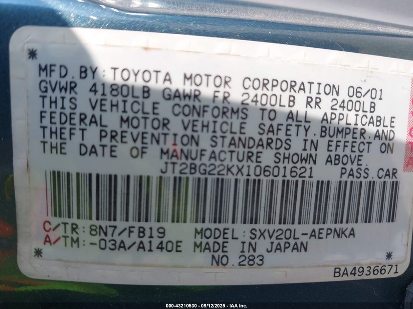 JT2BG22KX10601621 2001 TOYOTA CAMRY photo no. 9