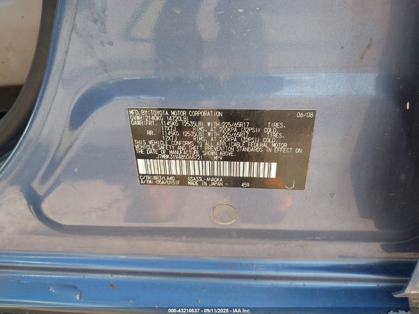 2008 Toyota Rav4 Limited V6 VIN: JTMBK31V485068721 Lot: 43210537