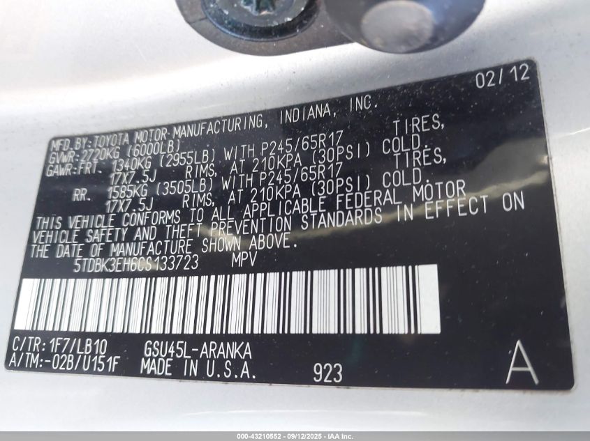 2012 Toyota Highlander Se V6 VIN: 5TDBK3EH6CS133723 Lot: 43210552