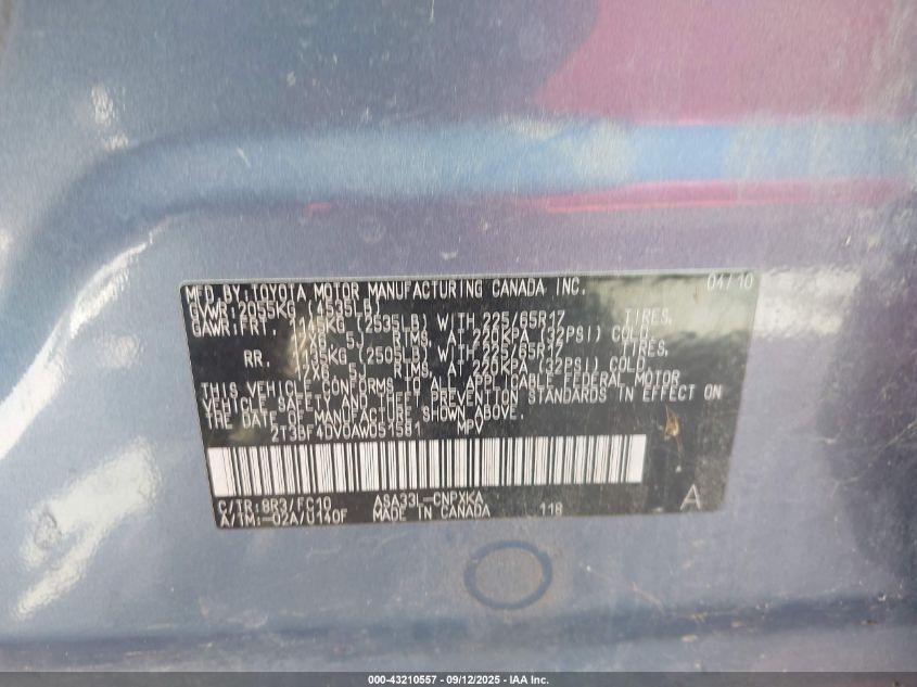 2010 Toyota Rav4 VIN: 2T3BF4DV0AW051581 Lot: 43210557