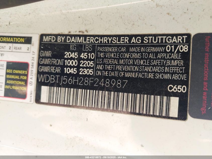 2008 Mercedes-Benz Clk 350 VIN: WDBTJ56H28F248987 Lot: 43210572