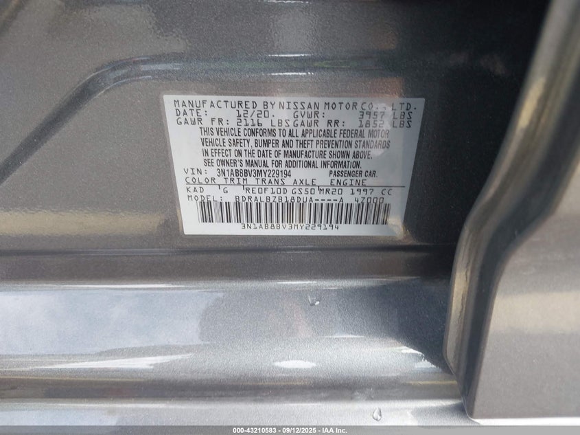 2021 NISSAN SENTRA S XTRONIC CVT 3N1AB8BV3MY229194