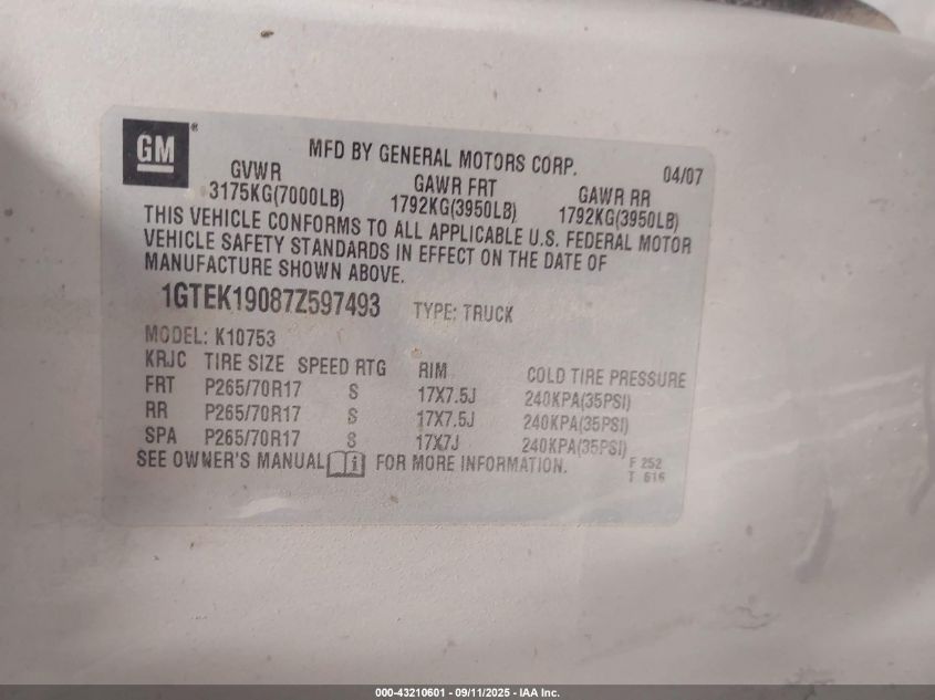 2007 GMC Sierra 1500 Sle1 VIN: 1GTEK19087Z597493 Lot: 43210601