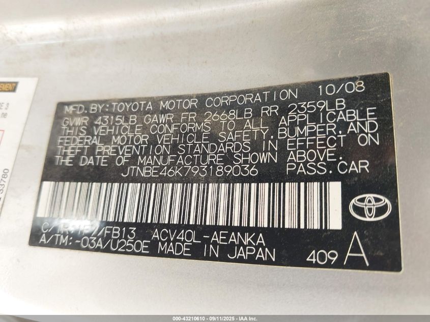 2009 Toyota Camry Le VIN: JTNBE46K793189036 Lot: 43210610