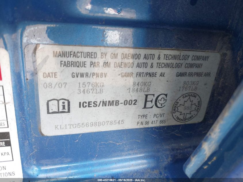 2008 Chevrolet Aveo Lt VIN: KL1TG55698B078545 Lot: 43210621