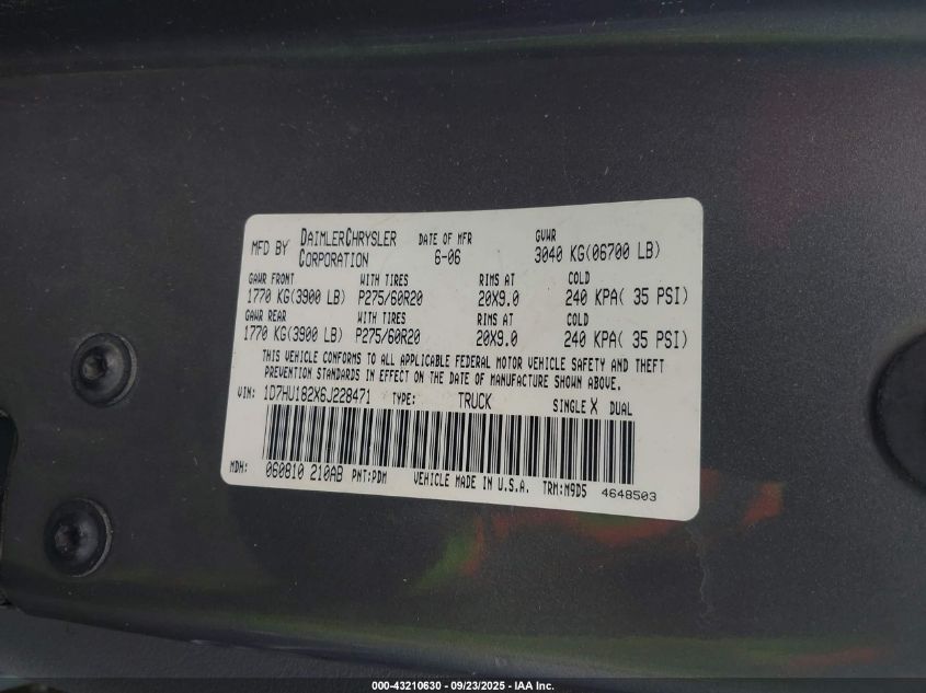 2006 Dodge Ram 1500 Slt/Trx4 Off Road/Sport VIN: 1D7HU182X6J228471 Lot: 43210630