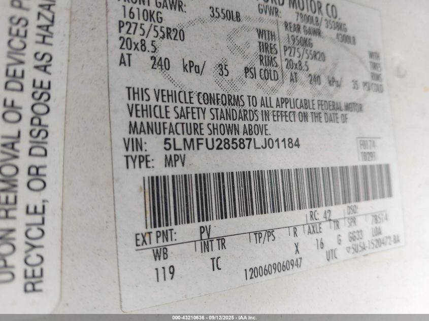 2007 Lincoln Navigator Ultimate VIN: 5LMFU28587LJ01184 Lot: 43210636