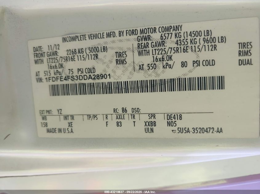 2013 Ford E-450 Cutaway VIN: 1FDFE4FS3DDA28901 Lot: 43210637