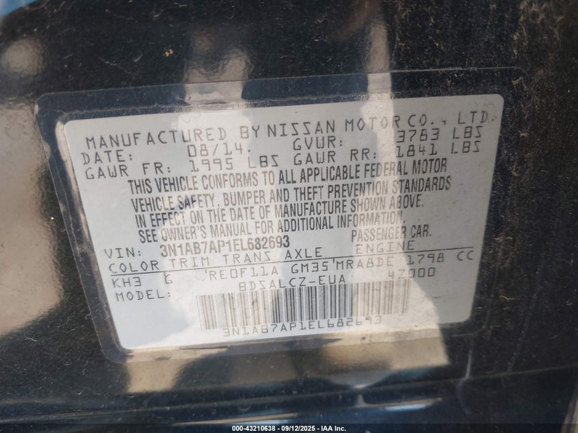 2014 NISSAN SENTRA S 3N1AB7AP1EL682693