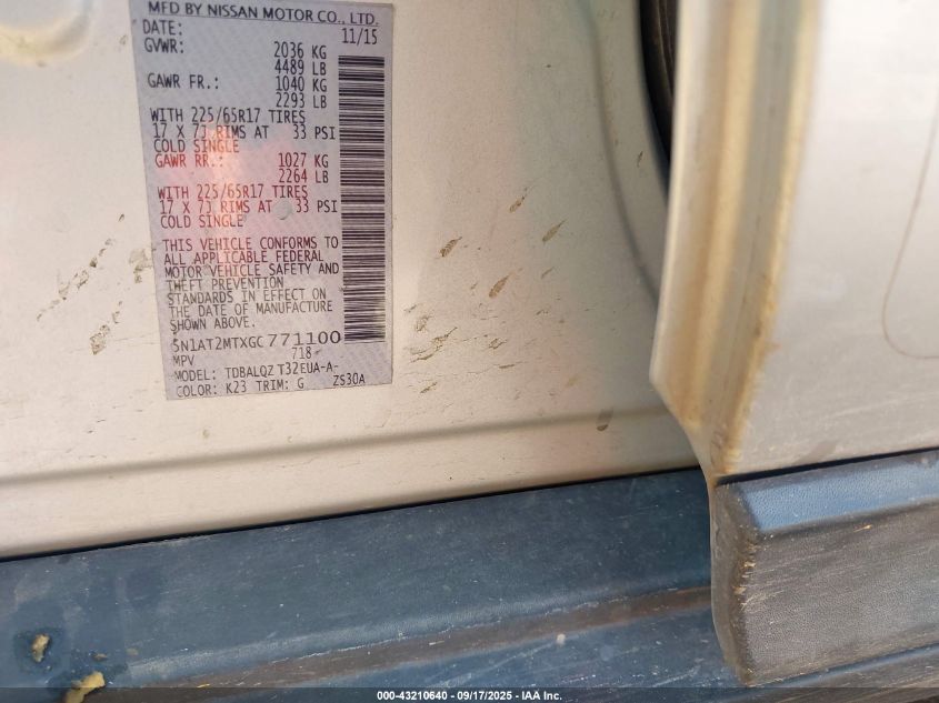 2016 Nissan Rogue Sv VIN: 5N1AT2MTXGC771100 Lot: 43210640