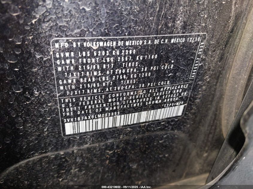 2020 Volkswagen Tiguan 2.0T S VIN: 3VV1B7AX9LM083899 Lot: 43210650