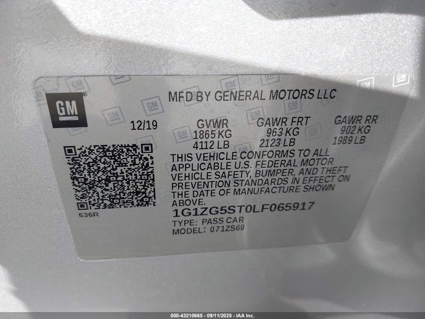 2020 Chevrolet Malibu Fwd Rs VIN: 1G1ZG5ST0LF065917 Lot: 43210665