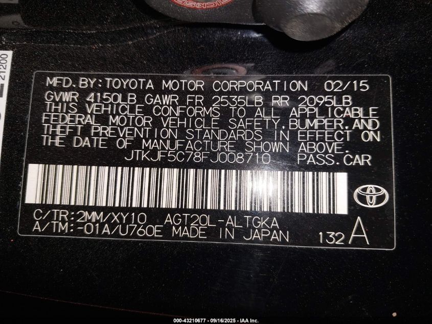 2015 Scion Tc Release Series 9.0 VIN: JTKJF5C78FJ008710 Lot: 43210677