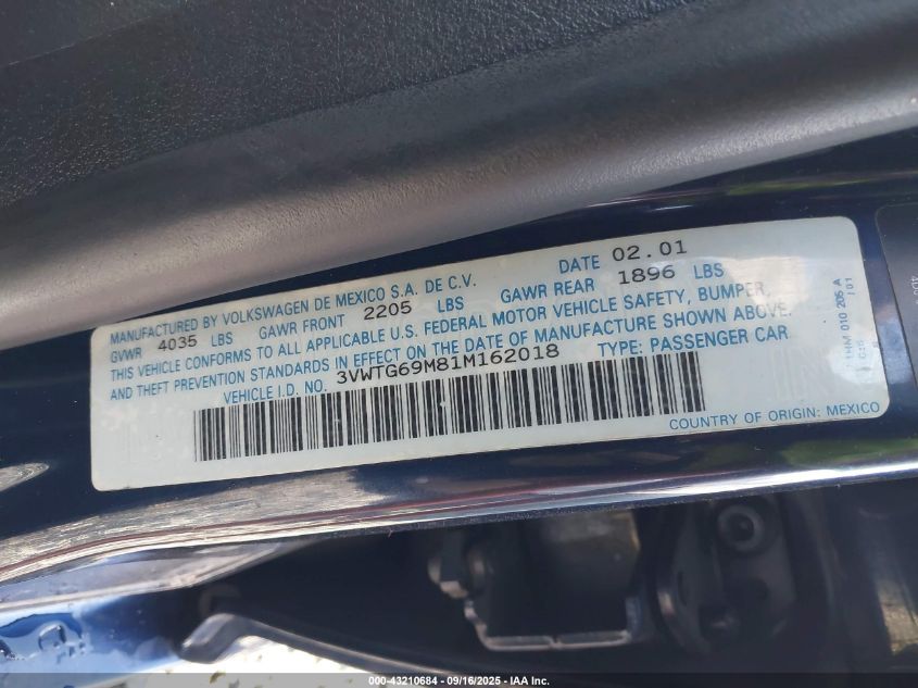 2001 Volkswagen Jetta Glx VIN: 3VWTG69M81M162018 Lot: 43210684