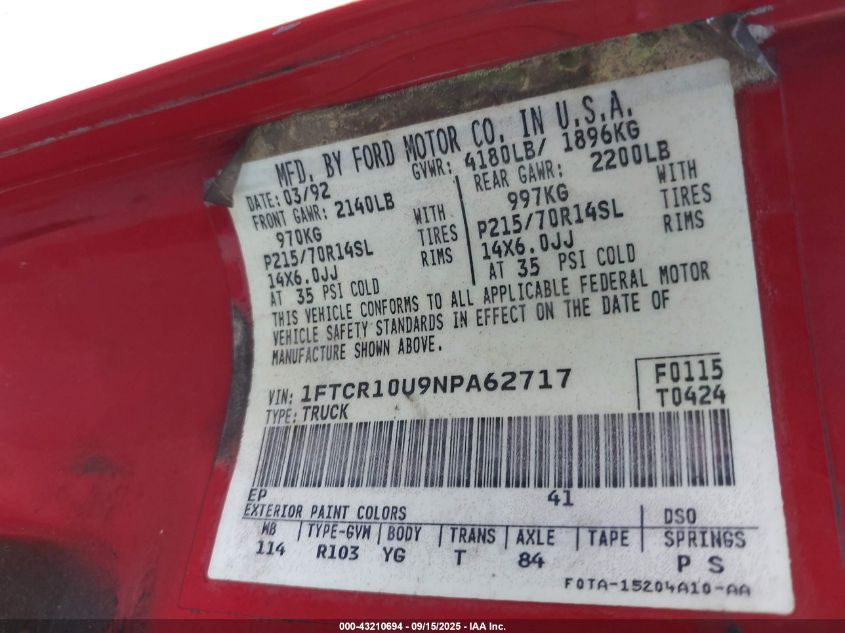 1992 Ford Ranger VIN: 1FTCR10U9NEA62717 Lot: 43210694