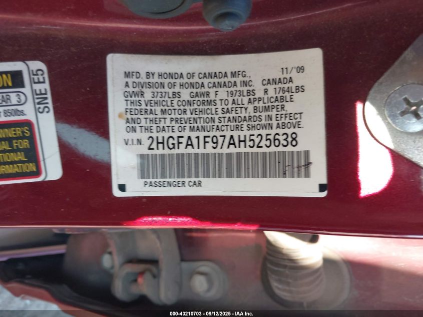 2010 Honda Civic Ex-L VIN: 2HGFA1F97AH525638 Lot: 43210703