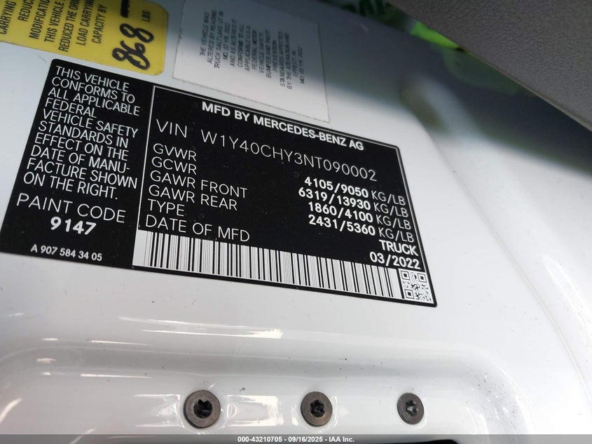 2022 MERCEDES-BENZ SPRINTER 2500 HIGH ROOF I4 W1Y40CHY3NT090002
