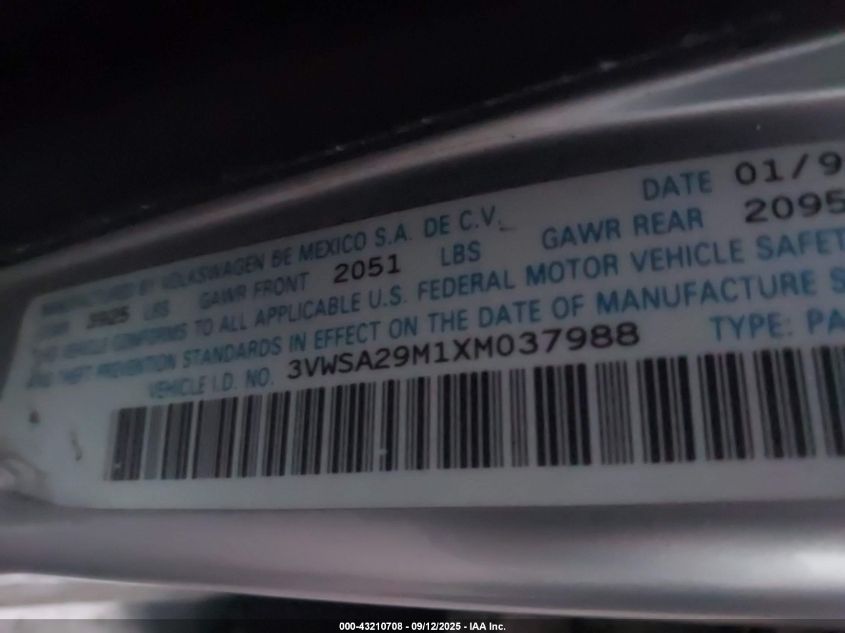 1999 Volkswagen Jetta Gls VIN: 3VWSA29M1XM037988 Lot: 43210708