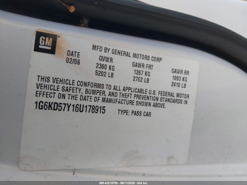 2006 Cadillac Dts Standard VIN: 1G6KD57Y16U178915 Lot: 43210709