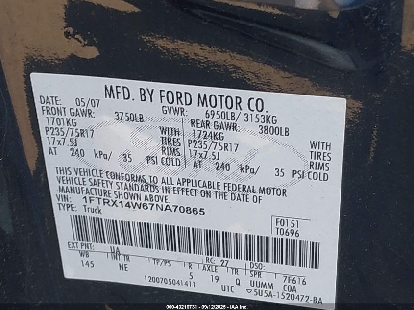 2007 Ford F150 VIN: 1FTRX14W67NA70865 Lot: 43210731