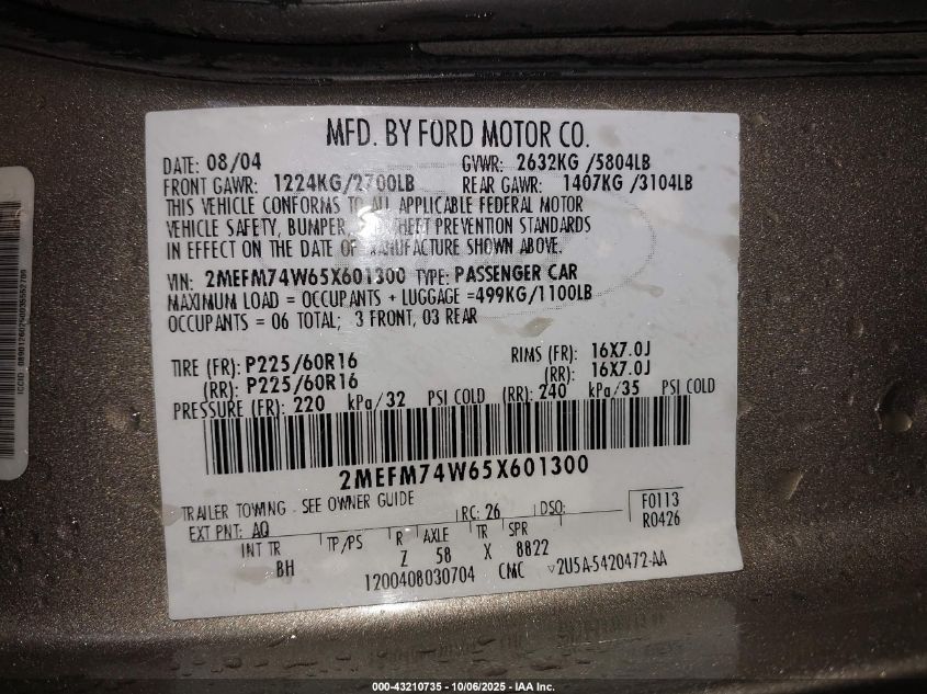 2005 Mercury Grand Marquis Gs VIN: 2MEFM74W65X601300 Lot: 43210735