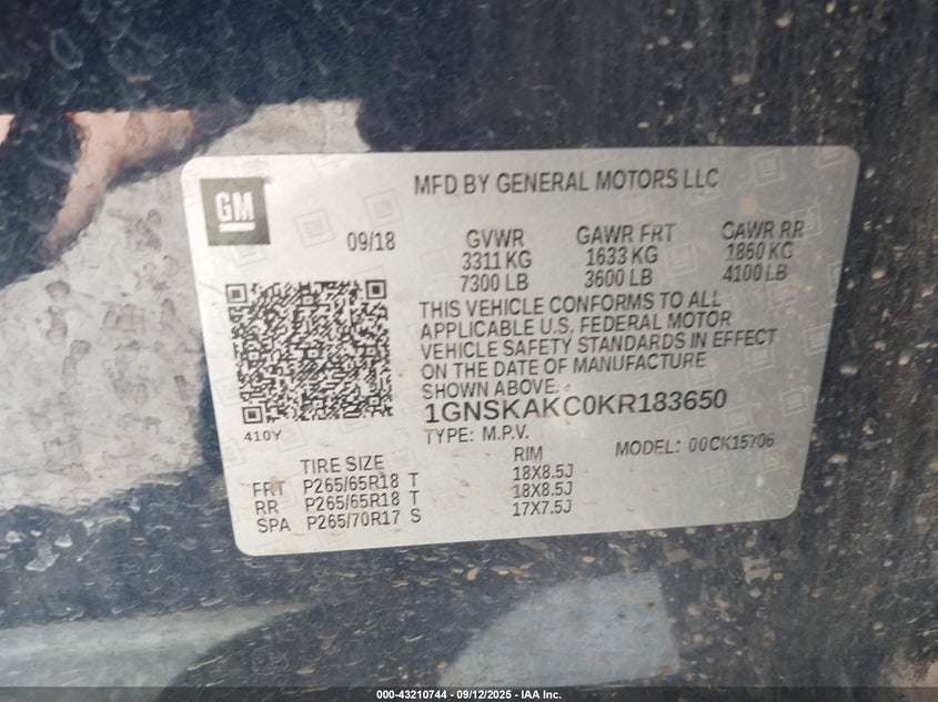 2019 CHEVROLET TAHOE LS 1GNSKAKC0KR183650