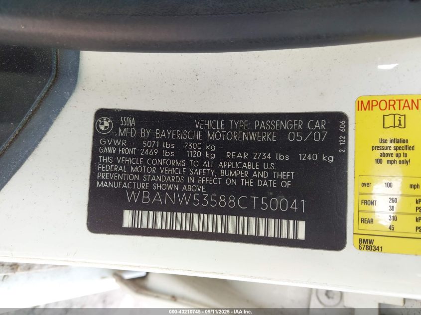 2008 BMW 550I VIN: WBANW53588CT50041 Lot: 43210745