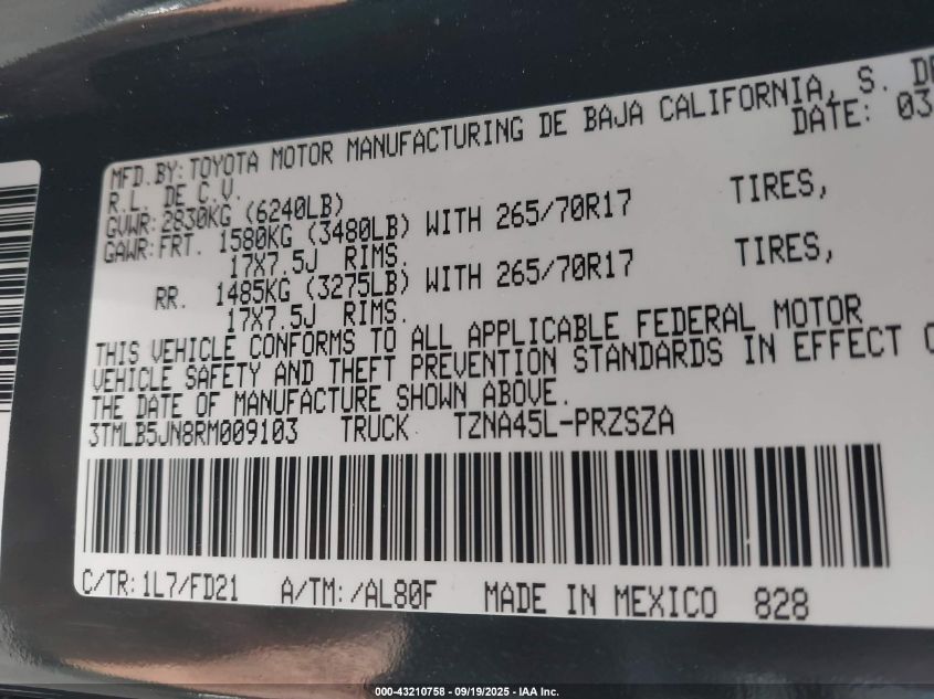 2024 Toyota Tacoma Trd Off Road 4Wd VIN: 3TMLB5JN8RM009103 Lot: 43210758