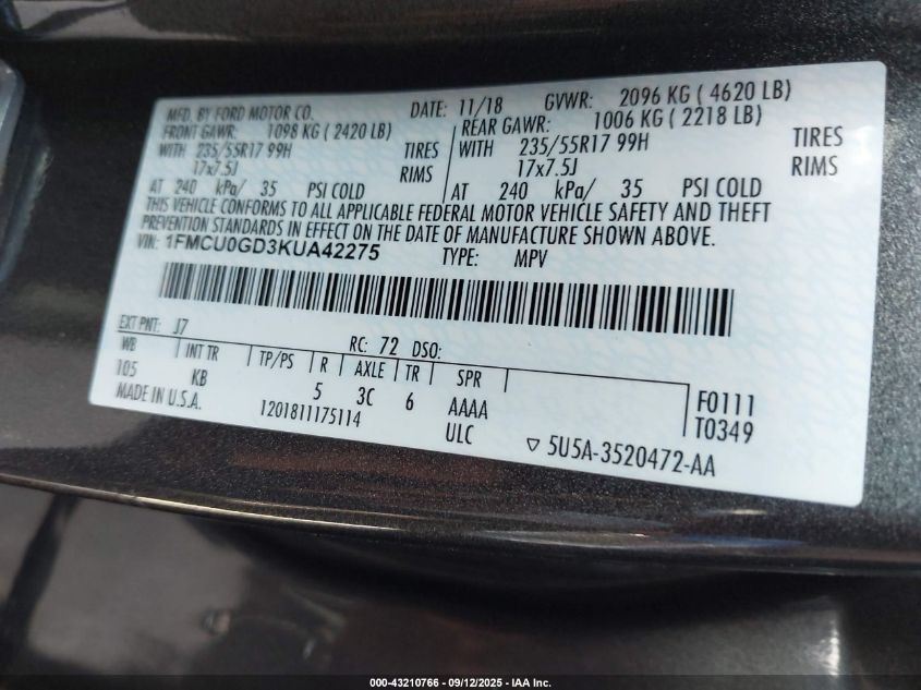 2019 Ford Escape Se VIN: 1FMCU0GD3KUA42275 Lot: 43210766