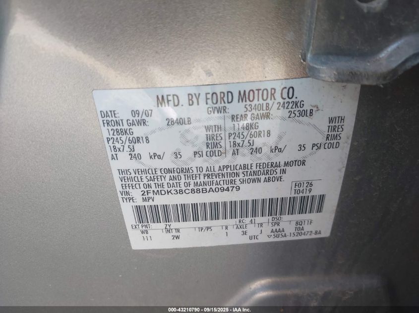 2008 Ford Edge Sel VIN: 2FMDK38C88BA09479 Lot: 43210790