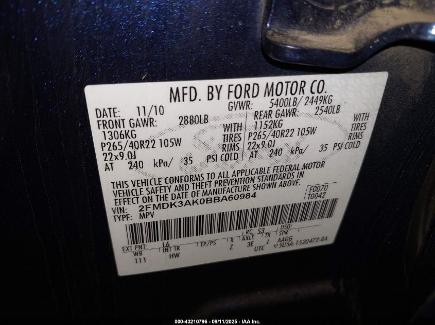 2011 Ford Edge Sport VIN: 2FMDK3AK0BBA60984 Lot: 43210796