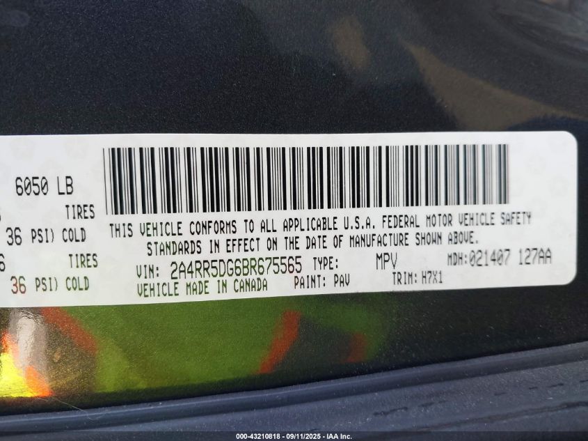 2011 Chrysler Town & Country Touring VIN: 2A4RR5DG6BR675565 Lot: 43210818