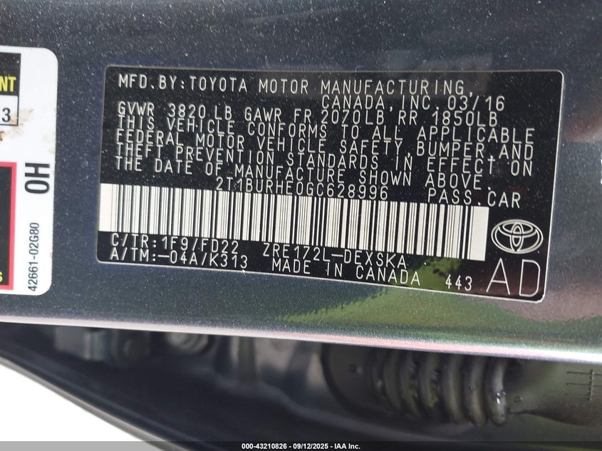 2016 Toyota Corolla S Plus VIN: 2T1BURHE0GC628996 Lot: 43210826