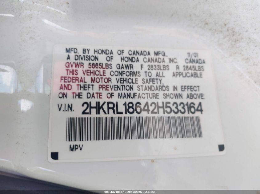 2002 Honda Odyssey Ex VIN: 2HKRL18642H533164 Lot: 43210837