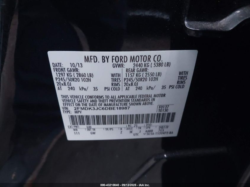 2013 Ford Edge Sel VIN: 2FMDK3JC6DBE18987 Lot: 43210840