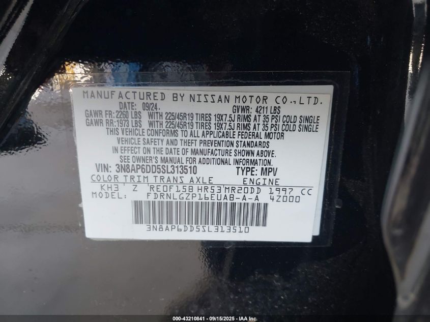 2025 Nissan Kicks Sr Intelligent Awd VIN: 3N8AP6DD5SL313510 Lot: 43210841