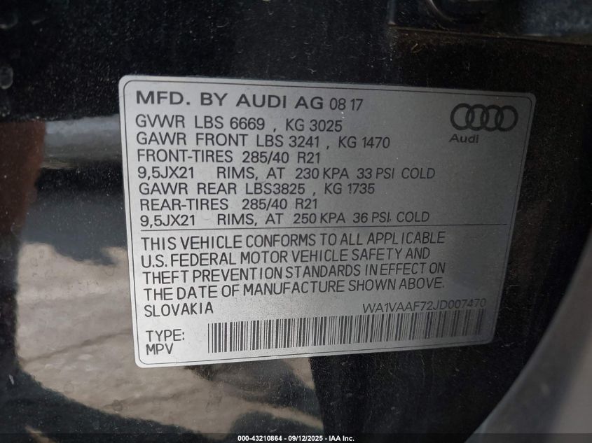 2018 Audi Q7 3.0T Premium VIN: WA1VAAF72JD007470 Lot: 43210864