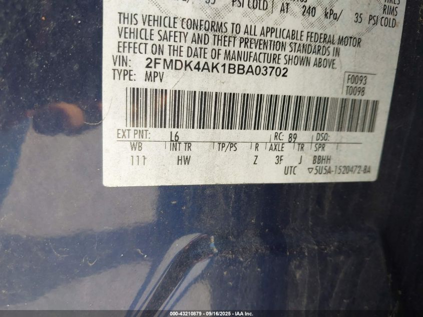 2011 Ford Edge Sport VIN: 2FMDK4AK1BBA03702 Lot: 43210879