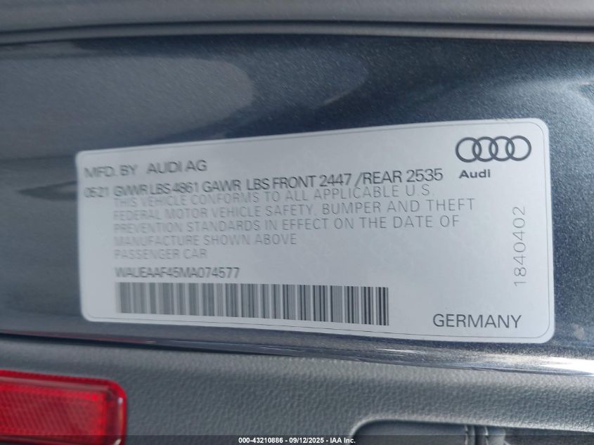 2021 Audi A4 Premium Plus 45 Tfsi S Line Quattro S Tronic VIN: WAUEAAF45MA074577 Lot: 43210886