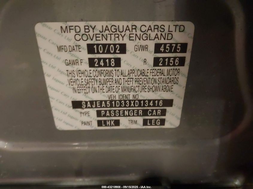 2003 Jaguar X-Type 2.5 VIN: SAJEA51D33XD13416 Lot: 43210908