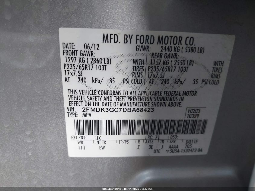 2013 Ford Edge Se VIN: 2FMDK3GC7DBA68423 Lot: 43210910