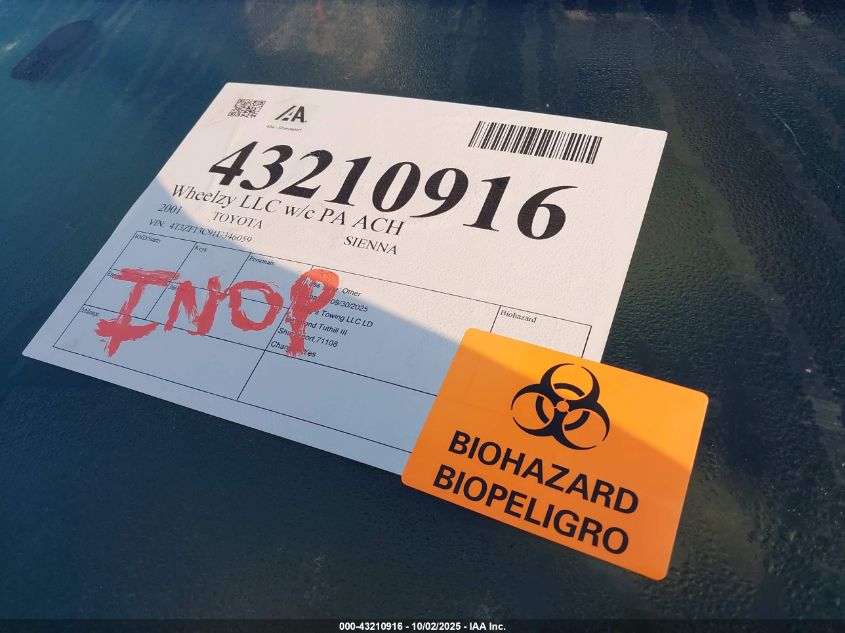 2001 Toyota Sienna Le VIN: 4T3ZF13C91U346059 Lot: 43210916