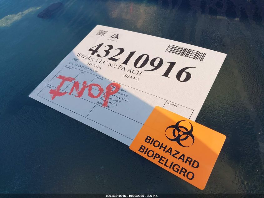 2001 Toyota Sienna Le VIN: 4T3ZF13C91U346059 Lot: 43210916