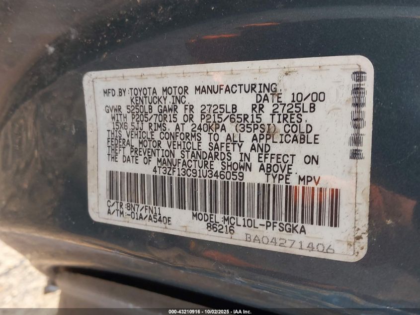 2001 Toyota Sienna Le VIN: 4T3ZF13C91U346059 Lot: 43210916