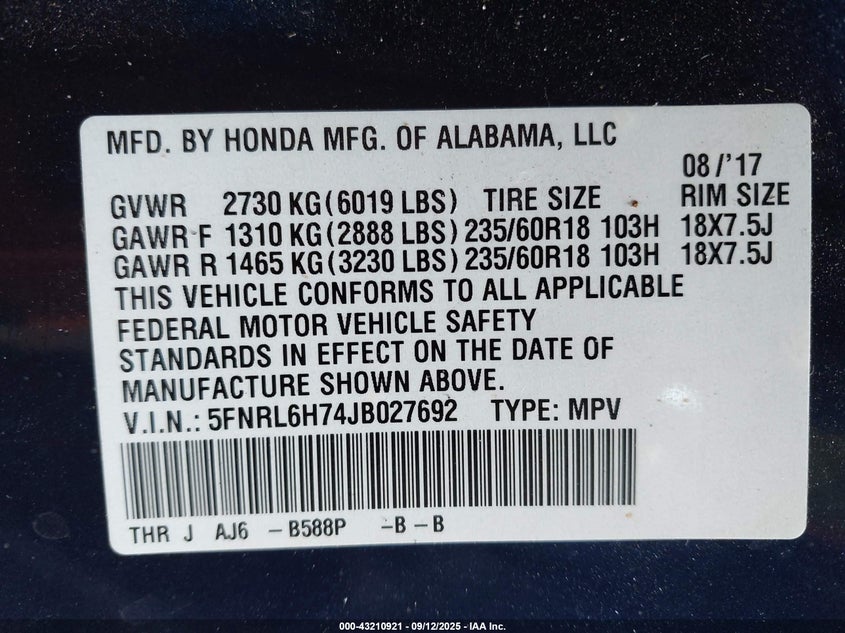 2018 Honda Odyssey Exl VIN: 5FNRL6H74JB027692 Lot: 43210921